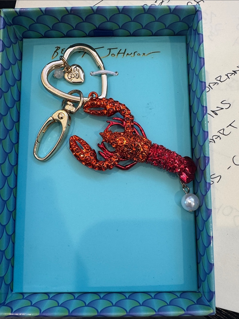 Betsey Johnson Orange Red Crystal Lobster Key & Card Holder Charm
